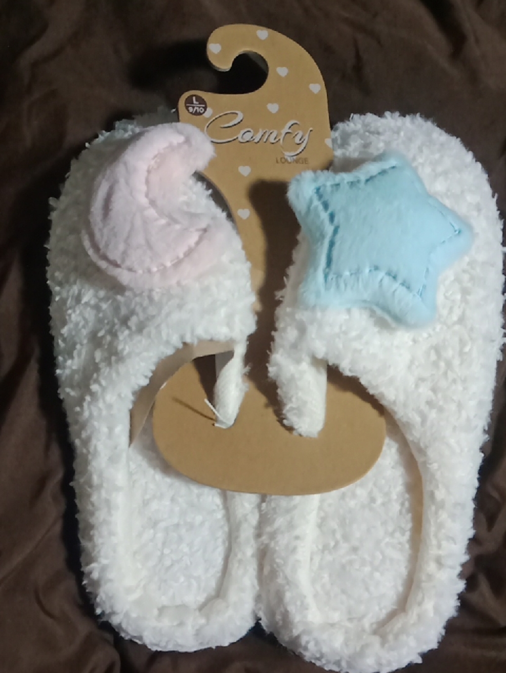 Comfy Lounge Women’s White Plush Slippers with Pink Moon & Blue Star